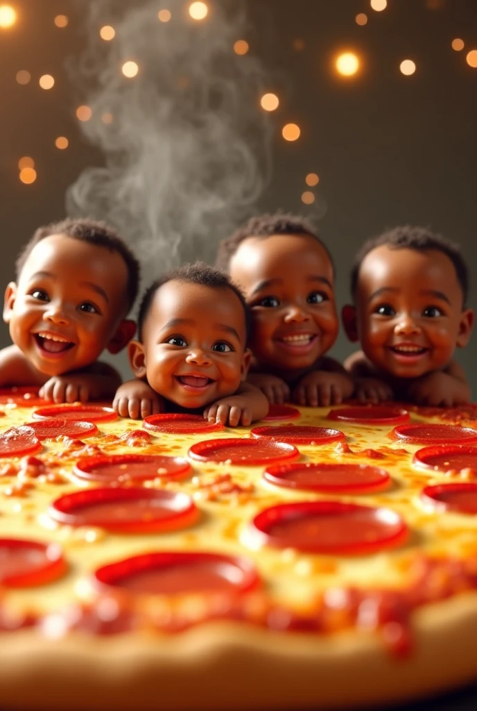A group of strong black male inmates, some of them with tattoo, They wear orange uniforms and are hungry around a table full of pizza. On the table a white baby wearing only a diaper is having fun and playing innocently with the inmates' food..