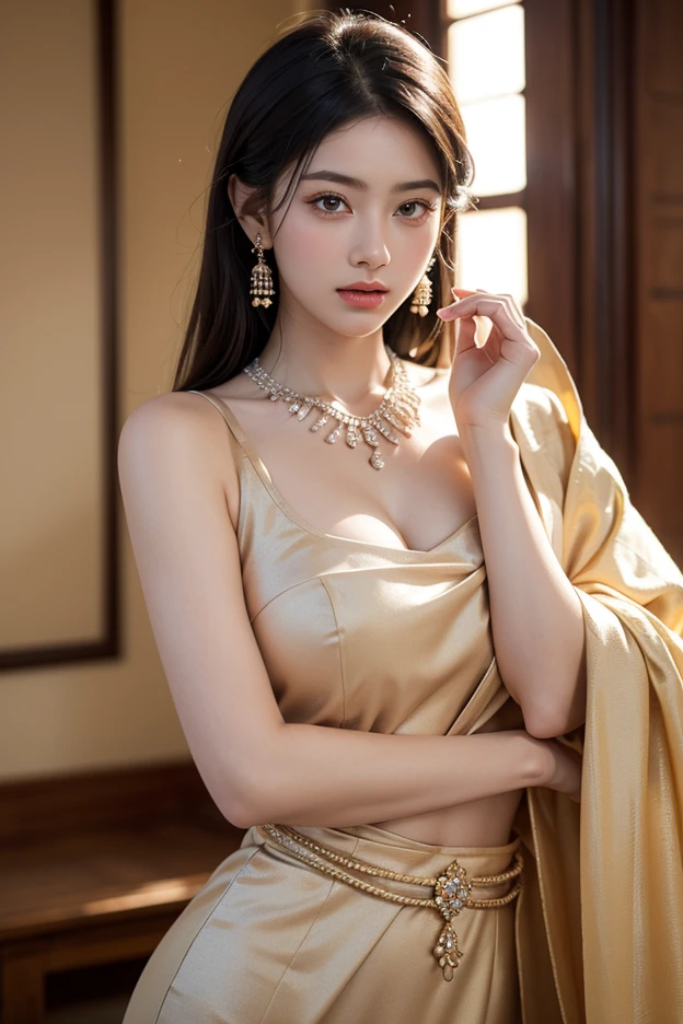Absurd, ultra-detailed, high quality, masterpiece, detailed face, beautiful eyes(detailed eyes), Greek mythology, Goddess, Hera , the queen of the gods, striking and captivating, features are classically beautiful, with high cheekbones, a perfectly proportioned face, eyes depicted as large and captivating, hold an intense gaze, golden hair , Gole hair is luxuriant and flowing, cascading down her back in waves , wearing elegant robes adorned with intricate patterns , Her beauty is not merely superficial but embodies the essence of power, authority, and regality, good open breast, good booty, much torn in clothes, view to thigh, many torn in clothes, view to knee, cluster skin