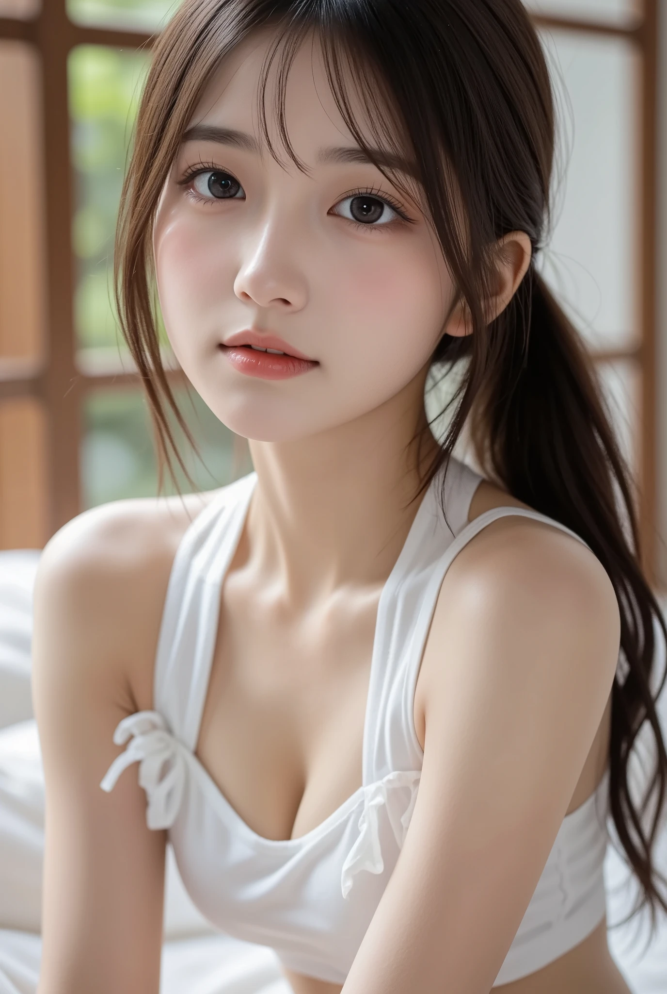 ((masterpiece, Best Quality, best image quality, high resolution, photorealistic, RAW photo, very detailed CG integrated 8K wallpaper)), girl, solo, beautiful young woman, 18 years old, realistic skin texture that shows through the whole body, Shiny Skin, schoolgirl, ((lingerie)), perfect body, ((natural big breasts)), big smiles,