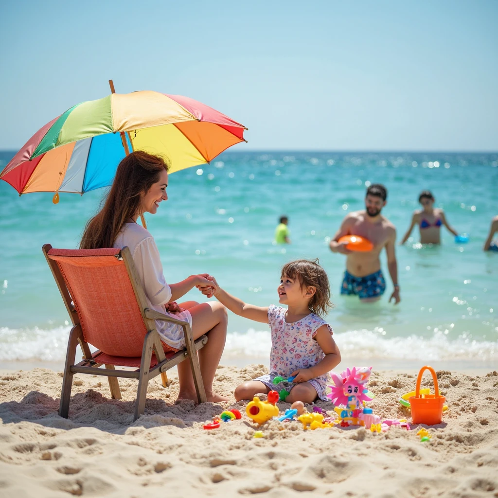 (Best quality, ultra detailed, Golden ratio, Masterpiece:1.2), Theater lighting:0.7, Holidays in Albania. shown in the photo: sea, Coast, family of three on the beach (Man, woman and little boy), little boy playing with a ball, woman in a beach hat and sunglasses, woman dressed in a summer sundress, woman lying on a beach chair, hotel by the sea, palm trees, there is a beach umbrella, beautiful bay , summer fog, muted colors, muted warm colors, , soft natural lighting, photography Film grain ISO 400 Lens 30mm RAW f1.8 apertures, very detailed (analog photography:1), HDR colors