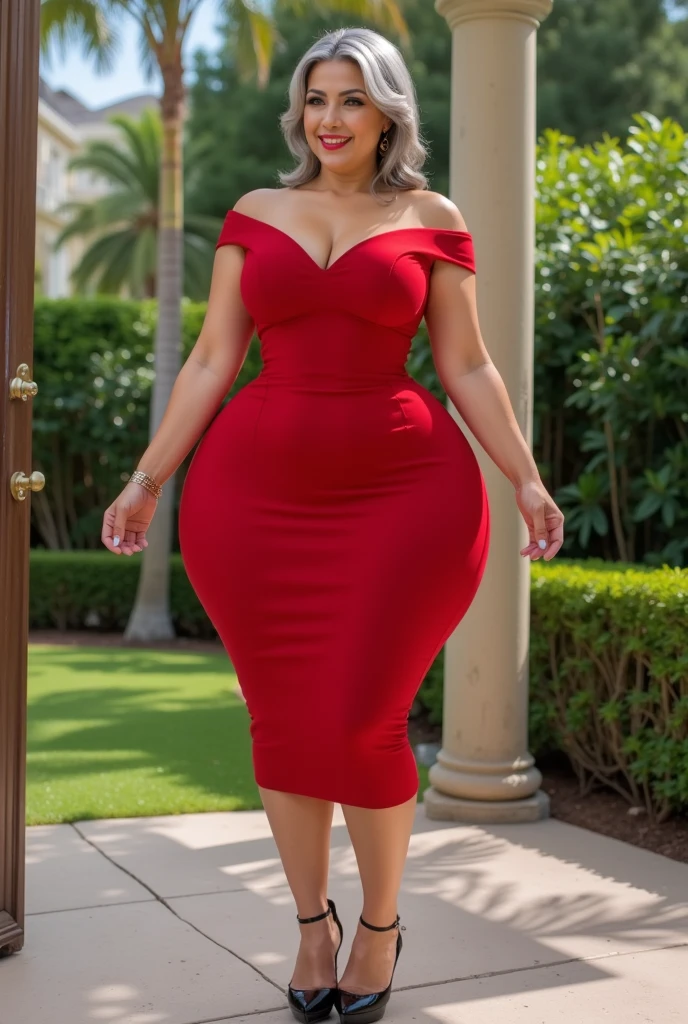 araffe woman in a red dress, lorena avarez, perfect body, green eyes, in a red dress, sexy red dress with massive slit in the centre revealing sexy legs, wearing a longv red dress, wearing a long red dress, tight dress, curvy hourglass figure, woman wears a long red dress, curvy model, long red dress, irina nordsol kuzmina, profile pic, curvy figure, huge breasts, tall, sexy pose.