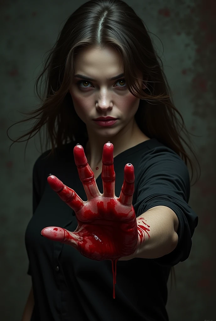 A high-definition photograph of a woman from the waist up, holding her hand with a red "X" on the palm up to the camera. Her eyes and face expression convey intense fear and hurt, with bruised eyes and black makeup smeared across her cheeks from crying. The dark background and focused lighting intensify the emotional impact of her stand against violence.