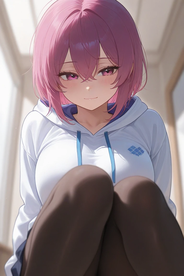 (highest quality,8k,High resolution, masterpiece:1.2), Super detailed, High resolution、One Girl、30 years old、adult、Dark pink hair color、semi-long、There are some stylish pink lines in her hair.、Short Ponytail、Hair between the eyes、Big light blue eyes、Beautiful crystal eyes、older sister、Top jersey、Jacket size XL、hot pants、Beautiful feet、Thin legs、Naughty expression、Mocking look、Sleepy look