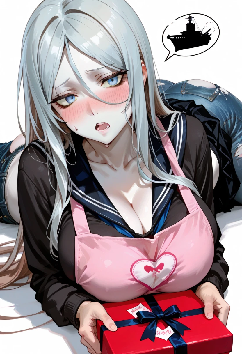 suggestive:1.3), (corruption), 1yukino, (Black T-shirt), silver hair, blue eyes, blush, upper body, (ahegao:1.1),(naughty face), collarbone, trembling, sweat, sweatdrop, heart, skindentation, (crazy:1.3), (speed lines), (at home) , in bed
