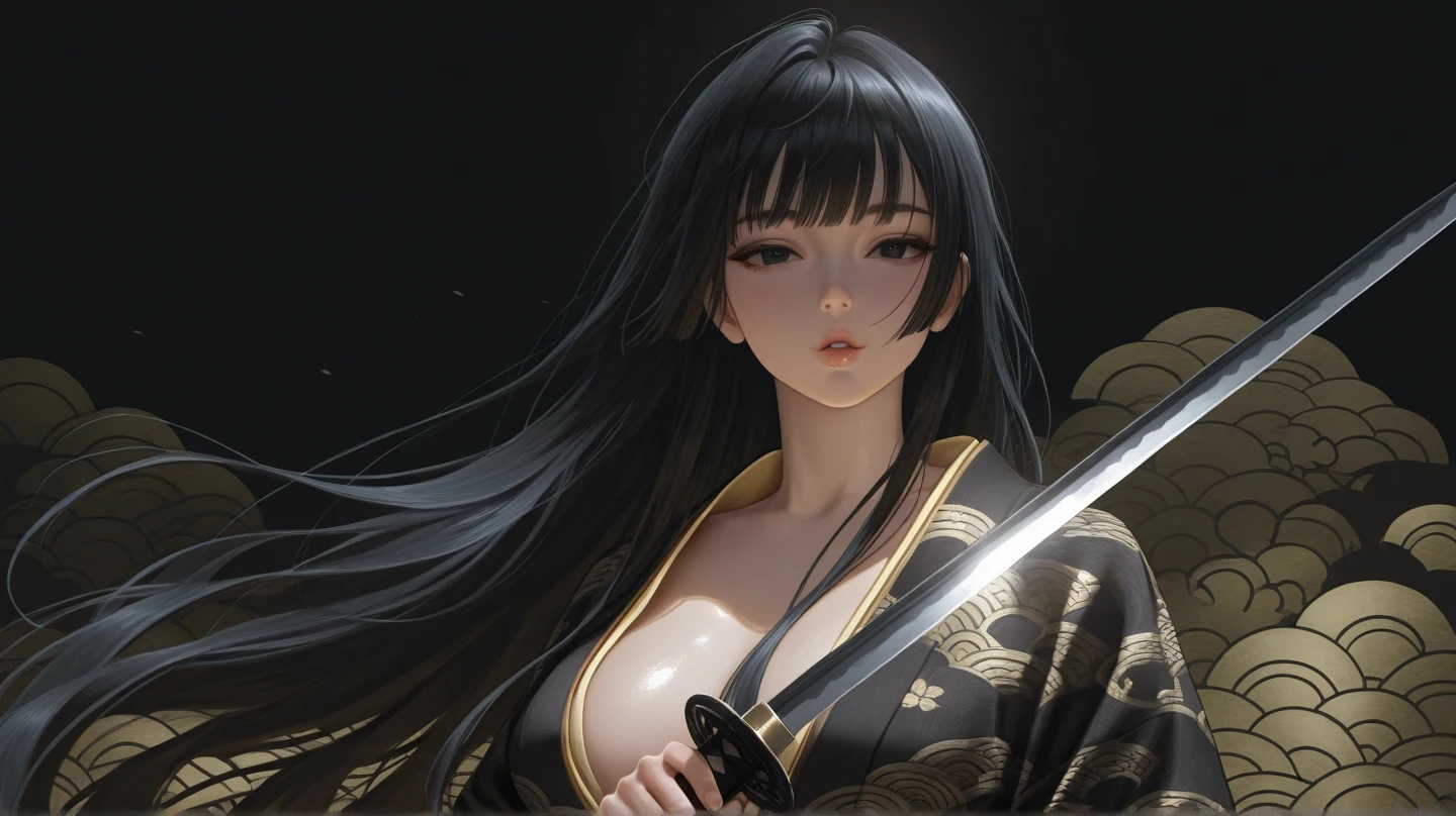 The portrait of Beautiful Japanese woman , dark shadow, cute, black long hair, samurai armor , naked on top, white strapless bandage warp around her chests , fair skin, highly detailed, full body, beautiful detailed eyes, looking at viewer, Samurai sword, katana, swing a weapon, shining weapon , ryokan, dynamic pose, cinematic lighting