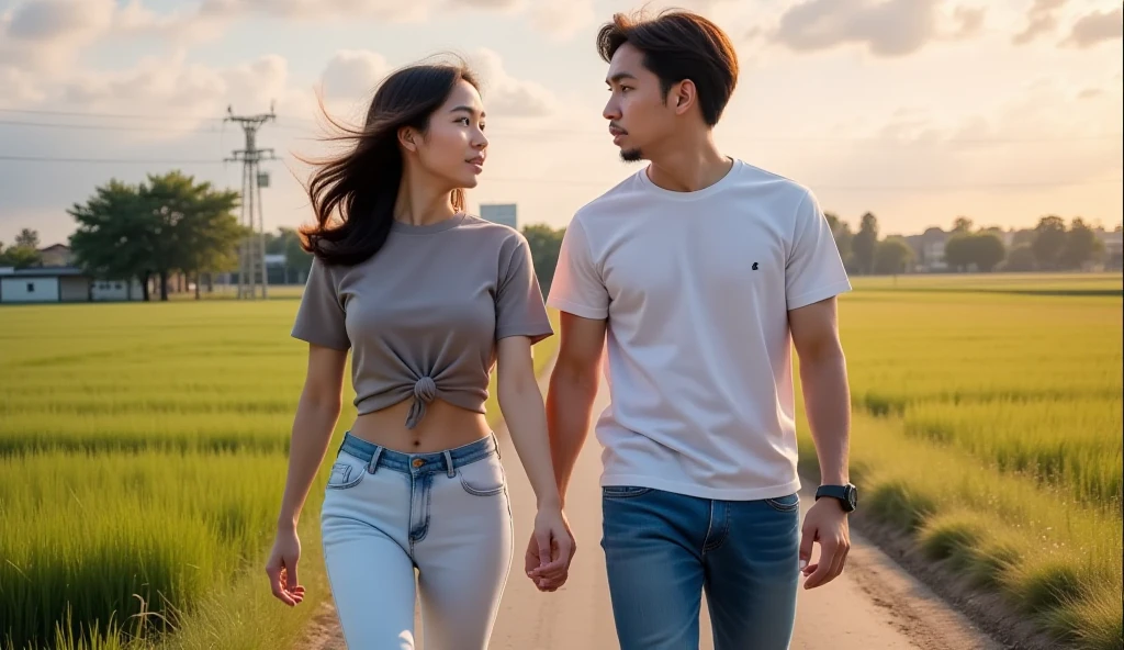 8K raw photo，High resolution，lovely young asian couple, woman has nice dark brown hair，Women wear white skinny shirts and skirts, Men wear T-shirts and jeans, The background is a park, asian couple, A couple of a 35 year old Asian man and a 30 year old Asian woman.,