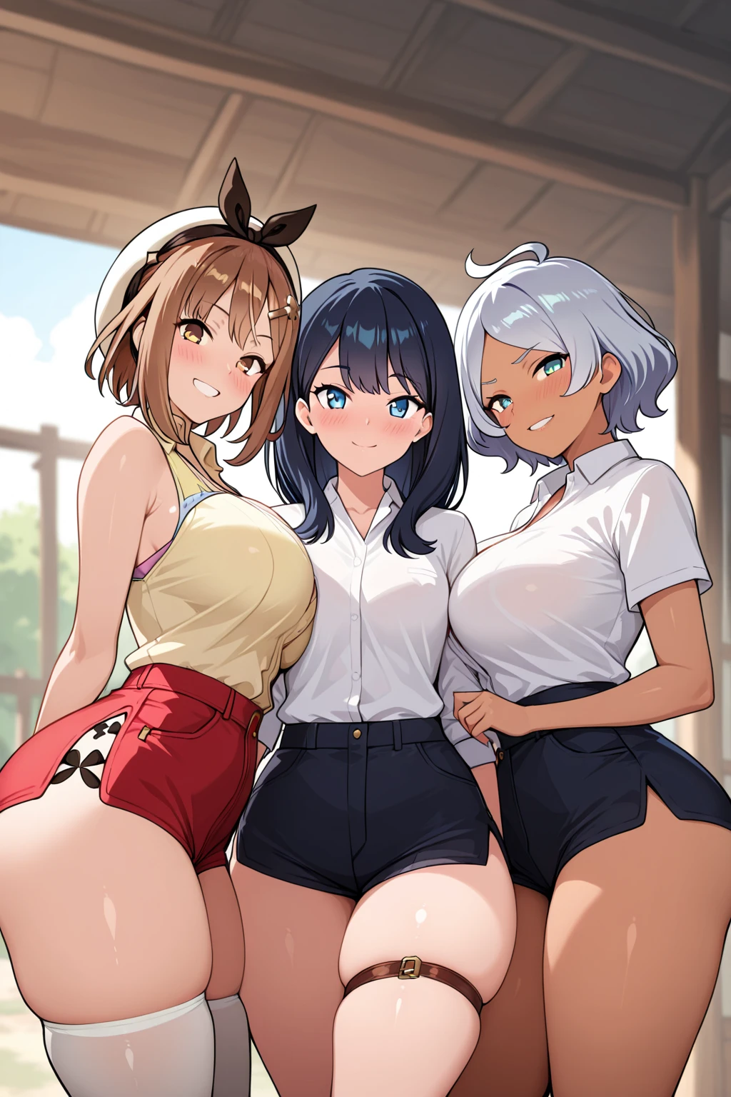 ((masterpiece, best quality, ultra quality, high quality, hyper detailed, intricate detailed, perfect anatomy, shiny skin, cowboy shot,)), (3 women:1.5), cute women are posing for a camera, (In the tavern at night) , (Lifting SHIRT:1.3), (open your mouth and laugh:1.3), ray tracing, ((tits)), (small nipples), nipples, breasts, hair band, headband, hair bobbles, blouse, shirt, (line up in a row), 12 talents、、14 years oldd、 Asian, Weser hair, brown hair, blond hair, navel, jewelry, looking at viewer, necklace, long hair, short hair, (abs),(Depth of the bounds written), panties,