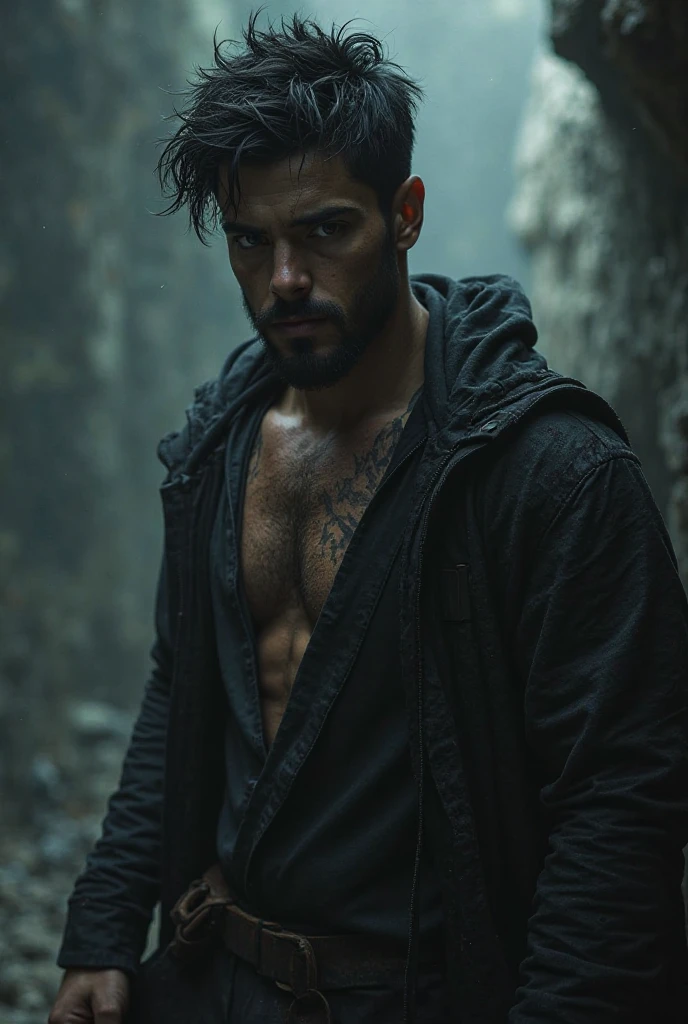 Dark-skinned man with grey eyes, short brown hair and a tattoo on the abdomen (in triangular shape) (dark fantasy) and 2