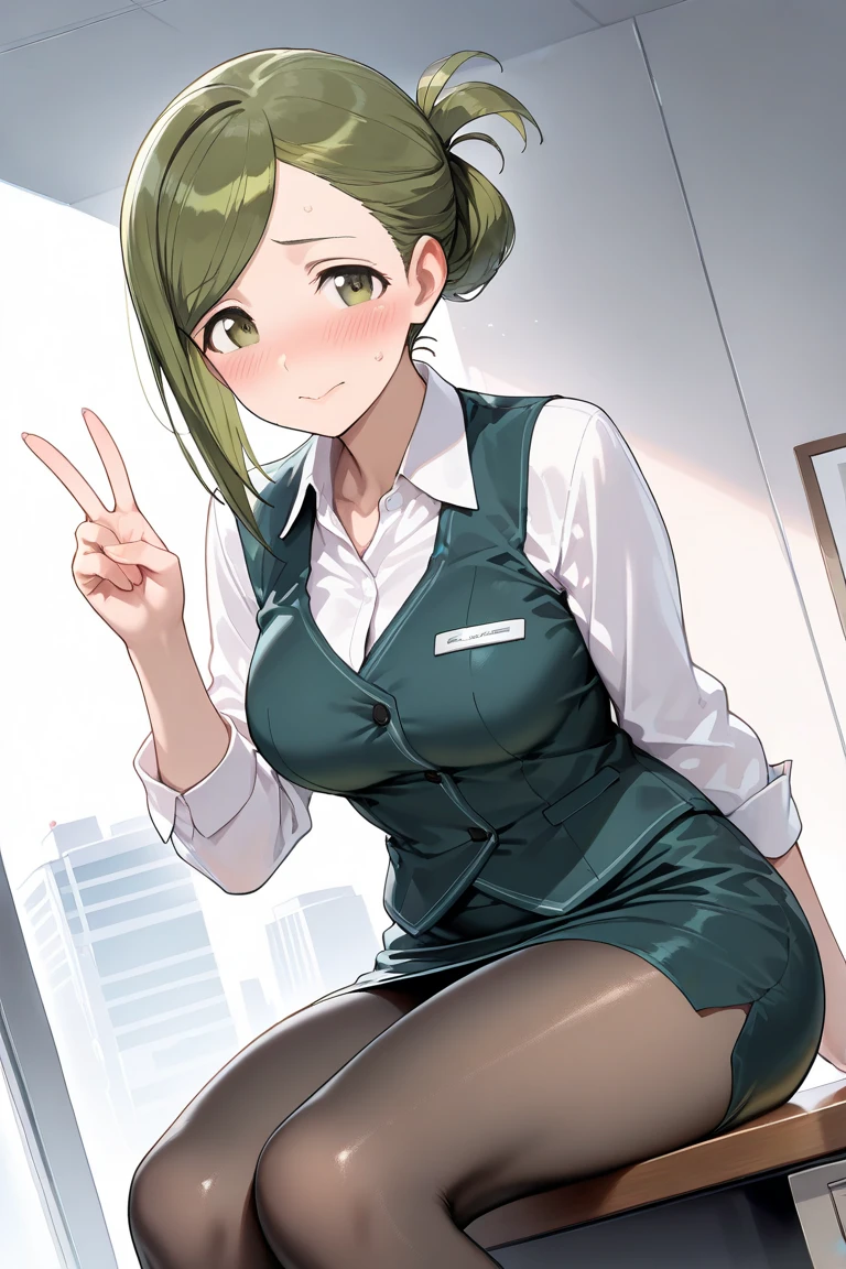 1girl, solo, long hair, breasts, looking at viewer, blush, smile, shirt, large breasts, skirt, brown hair, closed mouth, sitting, green eyes, short sleeves, thighs, pantyhose, one eye closed, collared shirt, black skirt, black pantyhose, feet out of frame, v, pencil skirt, pink shirt, @ @, shirt tucked in, office lady, id card, lanyard, fine fabric emphasis