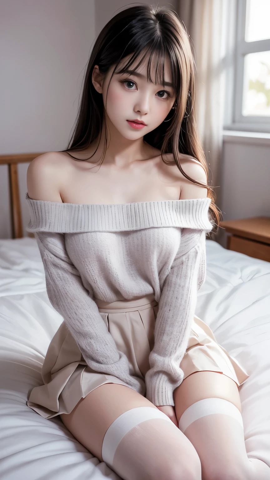 幻想的な空間に佇むbeautiful女性, (Off-shoulder translucent white one-piece skirt flare), 8K, masterpiece, highest quality, expensive,(Various photo actions), (very beautiful blue eyes)face,(long legs),(Slim sexy body),(背のexpensive女性), alone, beautiful, Lovely, adorable, white skin,(Scandinavian German young girl), (Black underwear shows through),