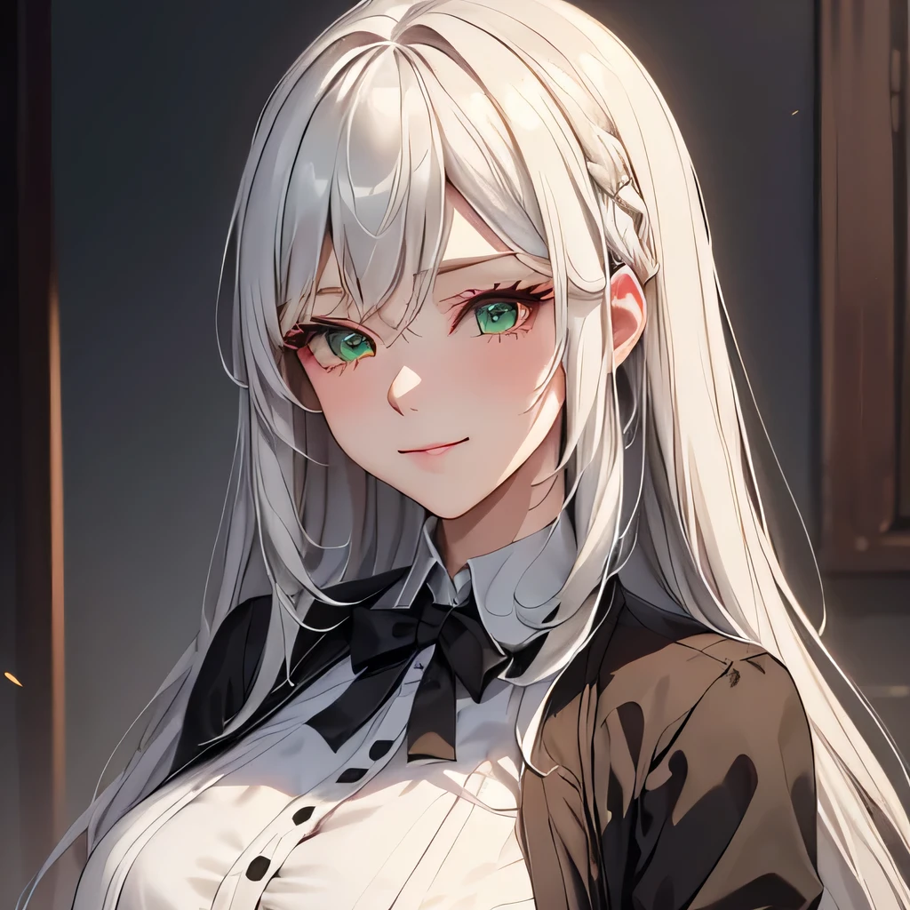 (girl, white hair, long hair, green eyes, sharp gaze, upper body, modern dress, smiling face, single woman, mature woman, suit, modern attire, western attire, office look), (best quality,4k,8k,highres,masterpiece:1.2), ultra-detailed, realistic:1.37, HDR, studio lighting, professional, vivid colors, portraits, contemporary, soft color tones, gentle and warm lighting.