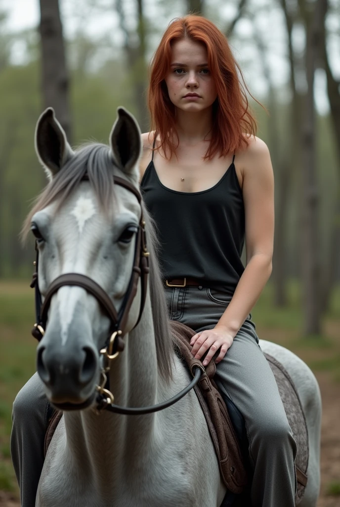 high quality, 8K Ultra HD. Beautiful girl, red short hair, white open blouse, short shorts, standing next to black Friesian horse, long, wavy mane, on the background of dense forest, green leaves, blue sky, light clouds