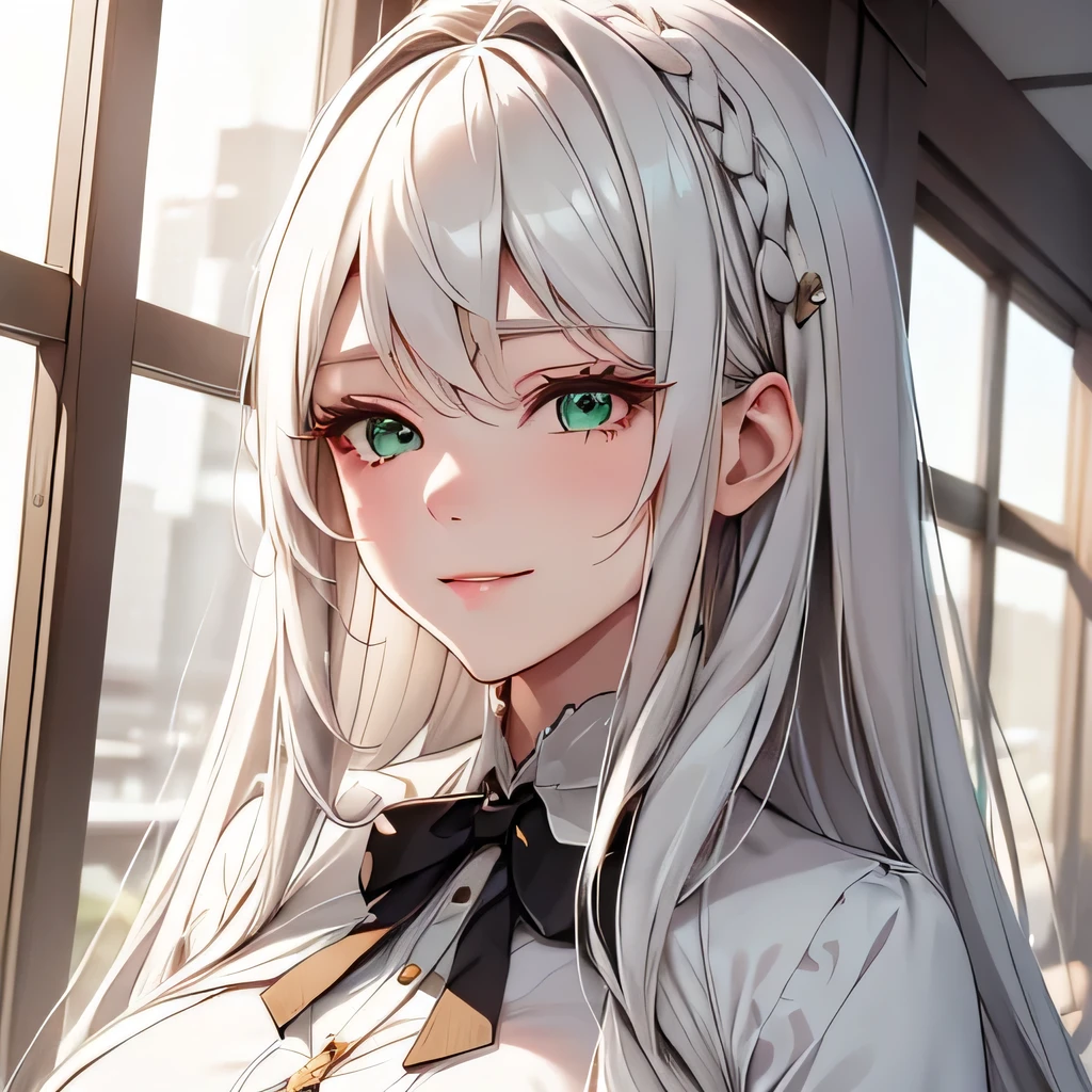 (girl, white hair, long hair, green eyes, sharp gaze, upper body, modern dress, smiling face, single woman, mature woman, suit, modern attire, western attire, office look), (best quality,4k,8k,highres,masterpiece:1.2), ultra-detailed, realistic:1.37, HDR, studio lighting, professional, vivid colors, portraits, contemporary, soft color tones, gentle and warm lighting.
