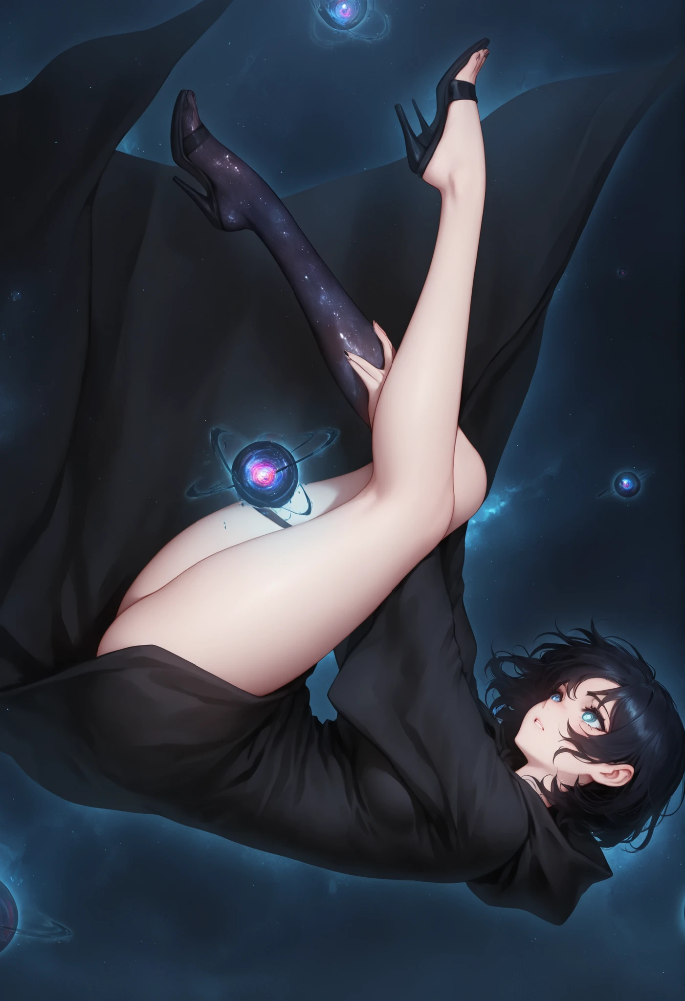 8k, beautiful eyes, beautiful body, Good anatomy, young girl, black hair with blue strands, blue eyes, full body view, 1-girl, Extremely detailed, bangs, short hair, breasts, barefoot, looking_at_viewer, sexually suggestive, nude,naked, sitting, ((nsfw)), shy smile, sexy poses, soles, feet, beautiful feet, toes,(from below:1.2)