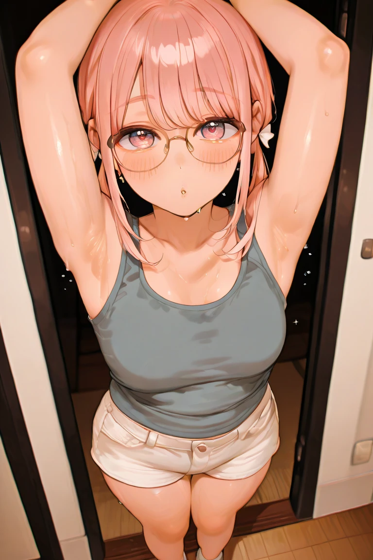 Best Quality, detailed girl, Glaring,Serious face,Fighter,Small breasts,pointed breast,Pink braided short hair,old glasses, (Volleyball uniform), lift,((((No bra)))),Show off long spats, Lift Jewelry,(Long spats),Fromgym,Perfect Anatomy,Perfect hands,(Shiny skin),back-view,Sweating a lot
