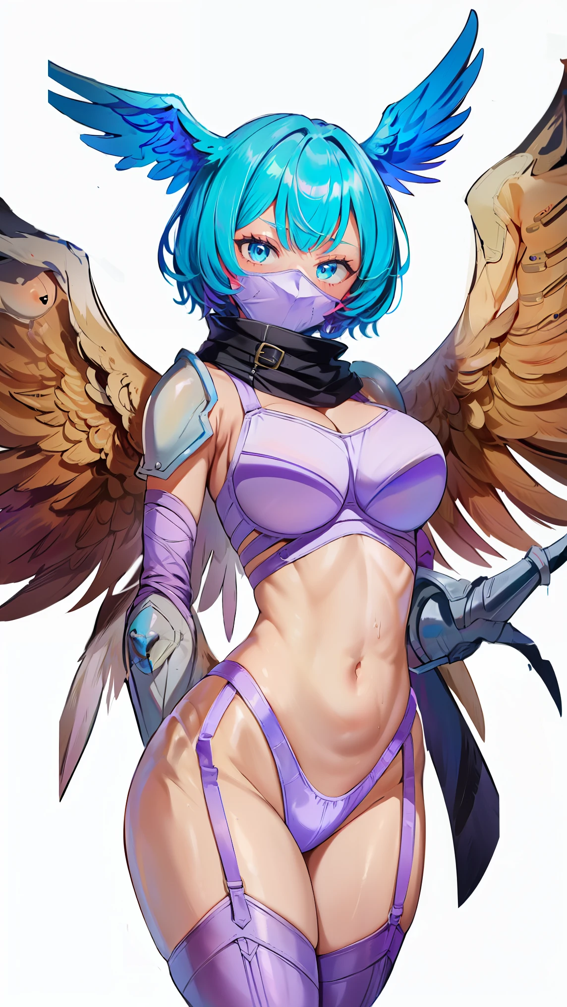 masterpiece、 high image quality、(shutumon、purple garter straps、feathered wings、scarf、bondage outfit, thighhighs、face mask)、(blue hair、Feathers grow on the head)、(standing、long legs、cowboy shot、belly button、sxspnts、highleg:1.7, panties)、 blue eyes, blue eyes, large breasts, ( high cut panties、purple harness belt、belt wrapped around the thigh that emphasizes the 3-crotch), Claws、(Shoulder Armor)、(SFW Giant Body)