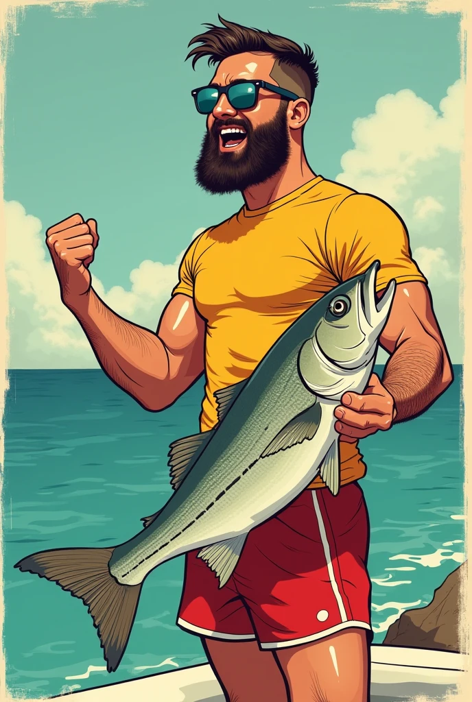 （Comic book style），（fisherman），（Asian），（Weathered），（Laughing happily），（Carrying a big fish），（Walk head-on），（Frock suspenders）