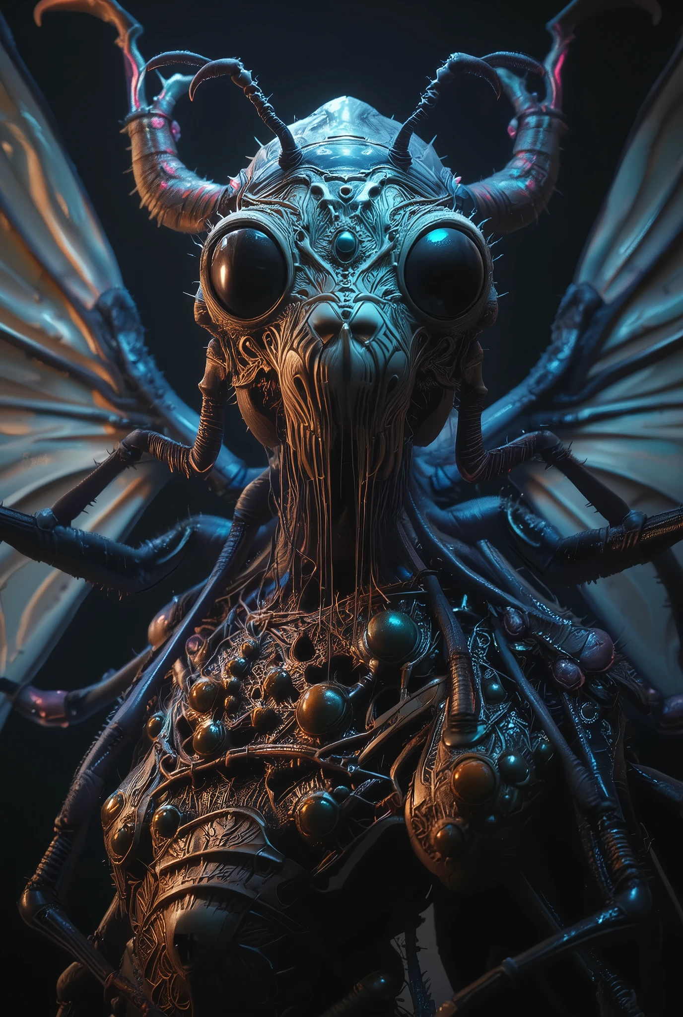 (Best Quality, 4K, high definition, masterpiece:1.2), (super detailed, photorealistic looking happy:1.37), photo taken by professional photographer, a beautiful, extremely sensual queen of bugs, detailed facial features, elegant posture, alluring expression, best quality, 4K, high resolution, photorealistic, HDR, UHD, studio lighting, vivid colors, fantasy scene, dark atmosphere, dramatic lighting, intricate details, macro photography, insect portrait, neon colored