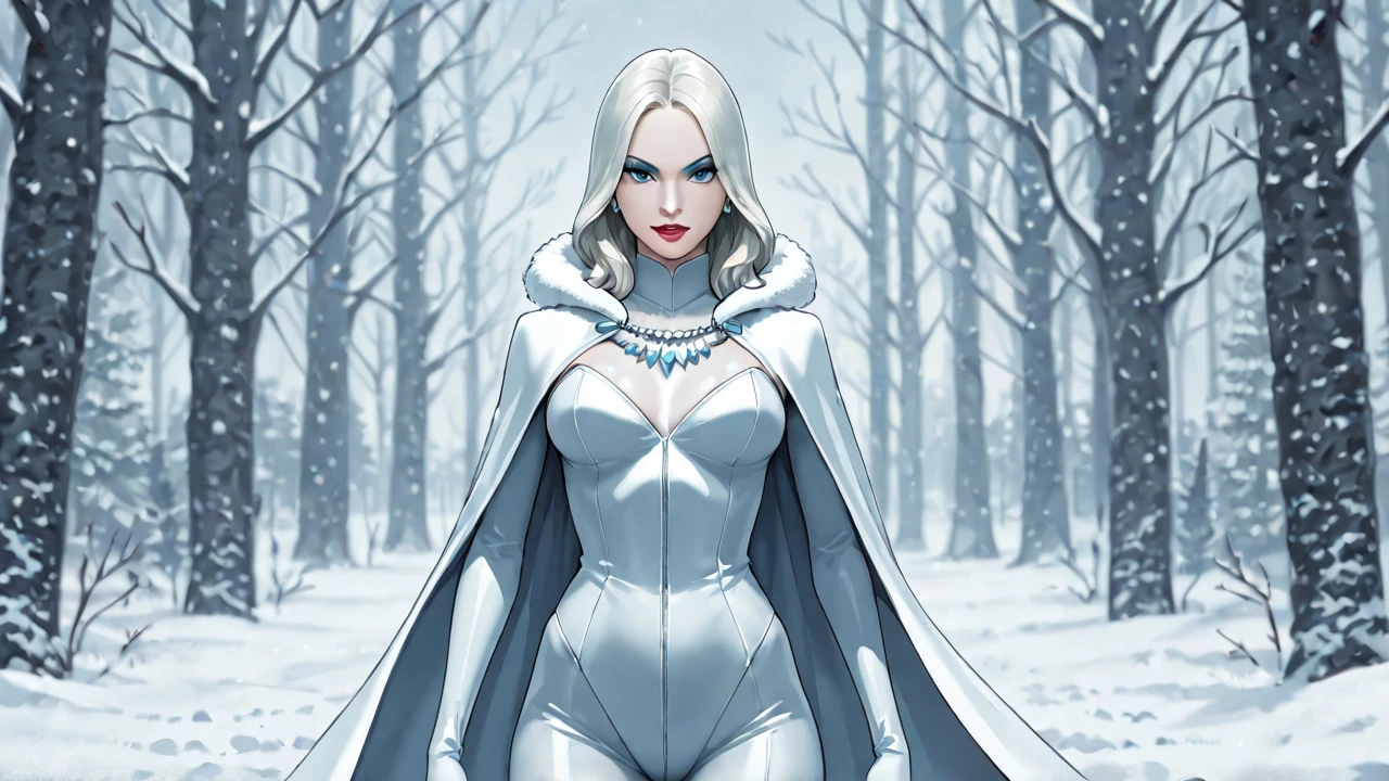 MARGOT ROBBIE, gorgeous face, perfect, detailed sharp eyes, large pointed breasts covered by ice, light white translucent fabric as smoke, blue eyes, crystal crown, white hair, red lipstick, red makeup, thick legs, cold place, falling snow, blizzard, white gloves, white background, snowflakes, ice, lots of fog in the background, (photo with better quality, a masterpiece, sensuality and elegance, ultra detailed, ultra realistic, depth of field, HD, photograph taken by Sony R7 camera with 85mm Full frame lenses, f1.2 aperture), portrait style