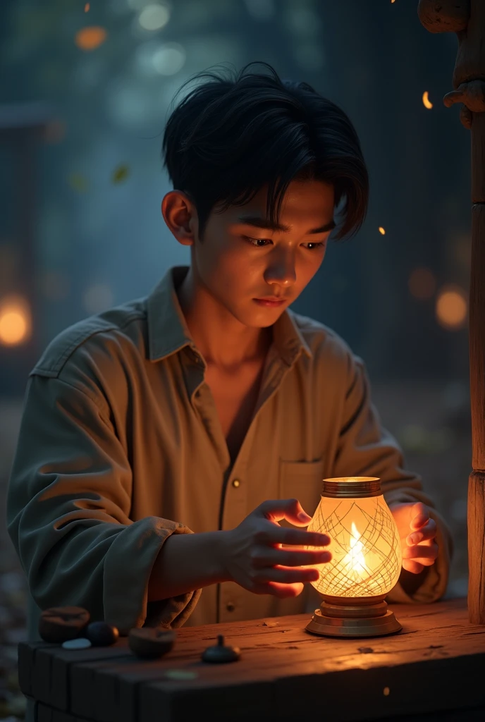 Movie Photoshoot of,images madeup jungkook bts on the floor surrounded by pottery and his clay, getting ready to sculpt, natural light, golden hour, back lit, face visible looking at camara, fully body angle, no marks on body, full body covered in clay smudges, plump , wet ,large suppository visible in pants, hands grabbing lap, overhead spotlight