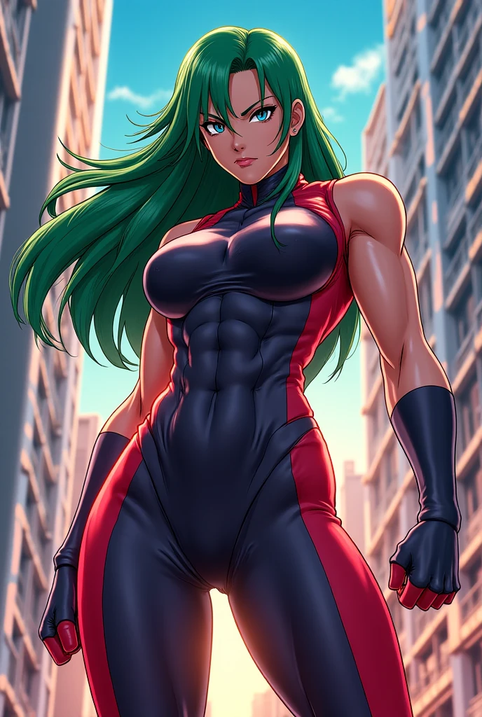 (X-Men Animation 1992 Rogue) (full body), back, Sexy, Red and Long Hair with White Lock, Best Quality, Perfect Face, (white and lime green), green glued clothing on the sides and yellow in the middle