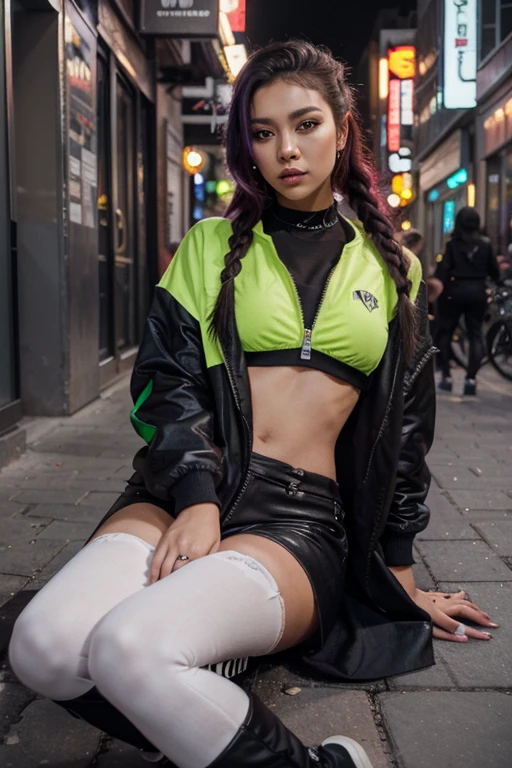 Colorful mini skirt, pigtail hairstyle, ripped leggings, fishnet tanktop, rave girl