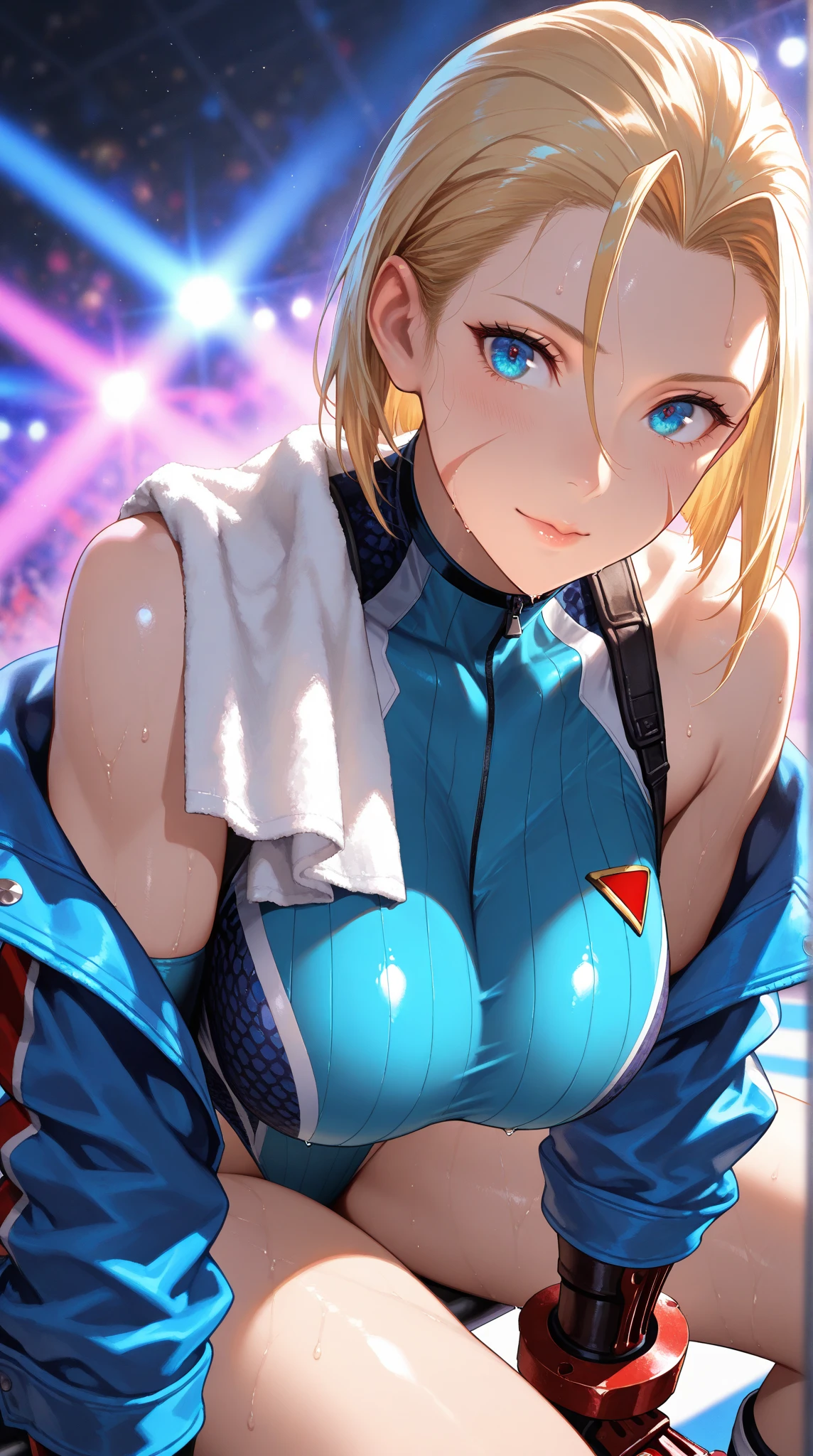 cammy white, short hair, antenna hair, blue eyes, scar on cheek, large breasts, black choker, collarbone, blue jacket, cropped jacket, open jacket, sports bra, midriff, fingerless gloves, black gloves, ((high cut thong lingery sexy)),light smile,ambient lighting