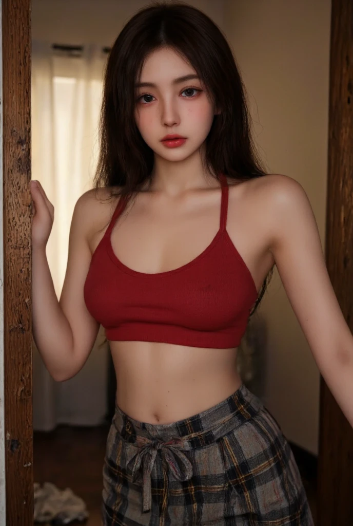 Beautiful 20-year-old brunette girl wearing a burgundy one-shoulder short blouse and high-waisted jeans with a belt showing her navel 