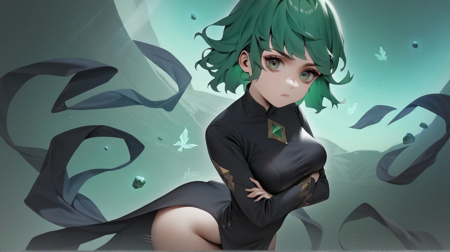 (La mejor calidad, 8k, 12), 1人の女の子, Tatsumaki, Pelo corto, cabello verde, pecho gigante, El cuerpo perfecto, Cara ultra detallada, Labios detallados, ojos delgados, vestido negro, Standingn, tentador, excitado, areolas convexas, en celo, vapor, , tembloroso, , Mirando hacia arriba, desde directamente arriba, Wet