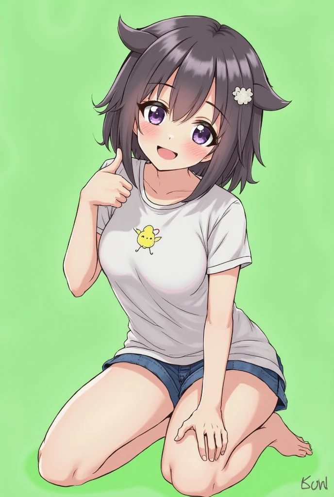 1 girl，Squatting on the ground，Large off-shoulder T-shirt，White clothes with carrot pattern printed on them NSFW,Pink ribbon panties，Open hands，black hair，Bob&#39;s short hair reaches shoulders，Expression smile，Tilt your head，open mouth，Short skirt。looking at the front。Full body picture，Human eye perspective shooting, Perfect fingers
