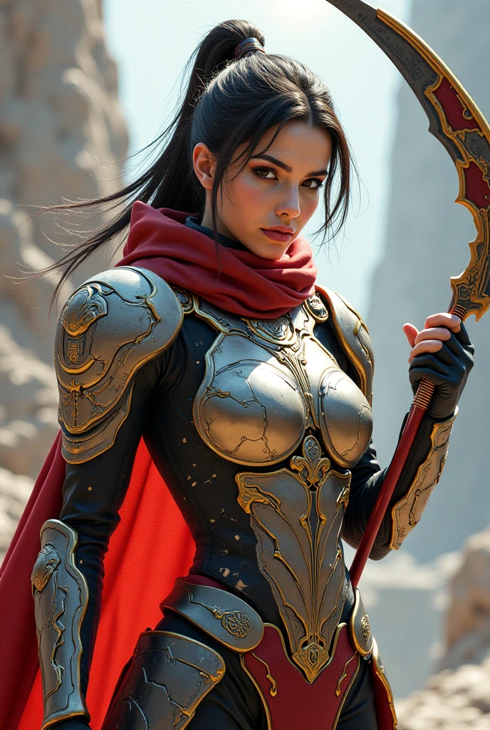 Create an ultra-detailed and photorealistic image of a strong bunny girl with neutral tan skin. She is wearing purplish armor that is intricately designed, reflecting light with a metallic sheen. Her expression is neutral but confident, embodying strength and determination. The scene is set against a background that complements her armor, with a focus on high contrast and best lighting to highlight her features and the details of her outfit. The image should emphasize realistic textures, especially in the armor and her fur, with attention to the finest details and a high-resolution finish.