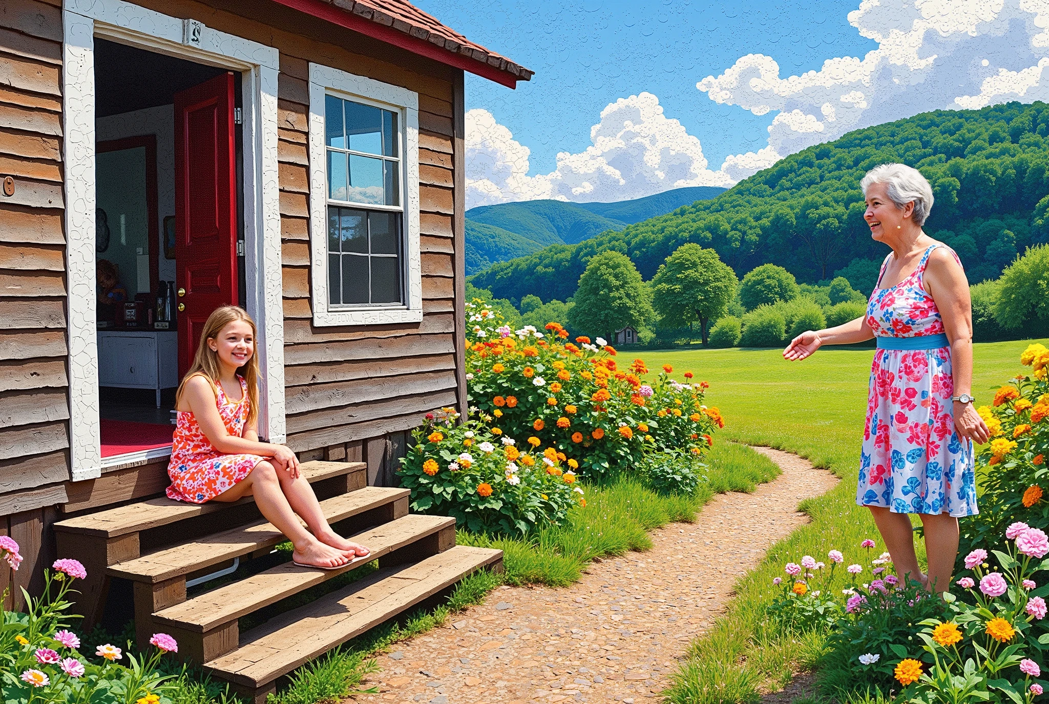 Create a pointilism art painting of a rural house scene showing a sitting on the front steps of her house waiting for her grandmother who is walking towards her with a smiling face. This image is sharp and detailed, cheerful, and full of bright colors.