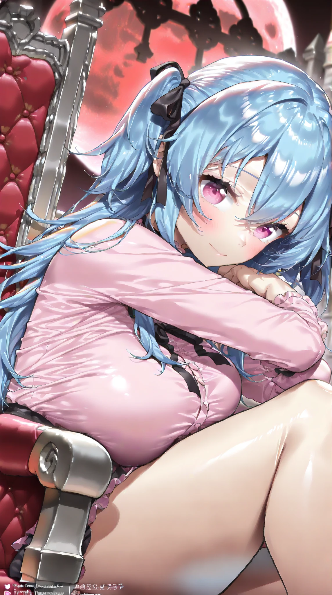 Girl with pink hair, long twin-tail hairstyle,((small bushy eyebrows)), dressed in gothic lolita outfit, lolicon (Zankuro) drawing style by zankuro artist, ザンクロー style, image uploaded to R34, moving her skirt to show her wet vagina with semen, sitting inside a car, with an flirty smile teary eyes, reverse rape, hands on her tummy ,