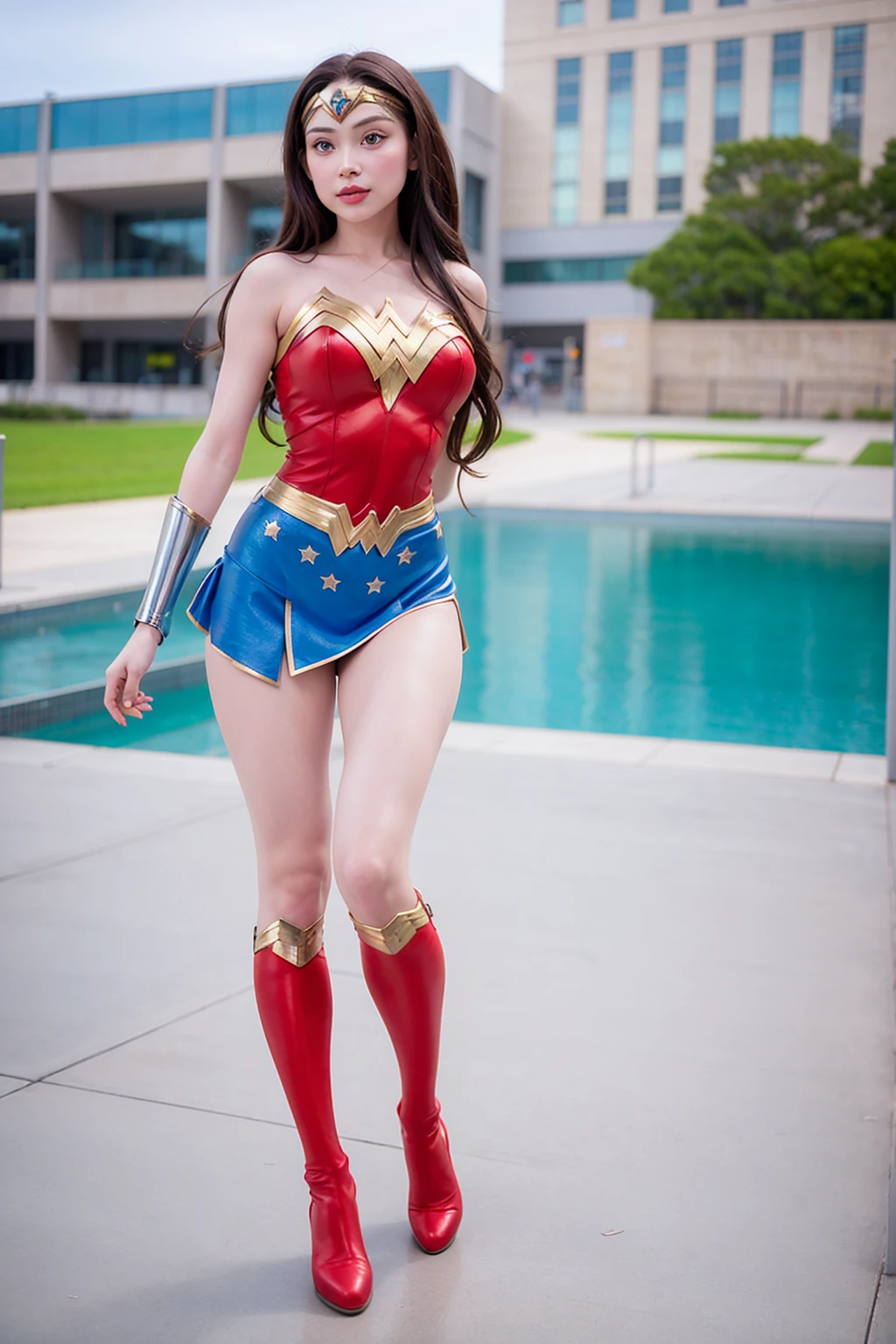 Ultra-realistic depiction, ultra-fine photos, highest quality, ultra high resolution, natural light, full body portrait, (young Japanese American adult woman), ( stunningly beautiful style), ( (chestnut hair and semi-long hair that sits in the wind)), dynamic poses, detailed beautiful face, vivid eyes, front view, (((high cut bikini type wonder woman costume)), urban street, (beautiful body in detail, (((super big)), high detail skin, Realistic skin details, visible pores, sharp focus, 8K UHD, digital, high quality, fair skin, view from below