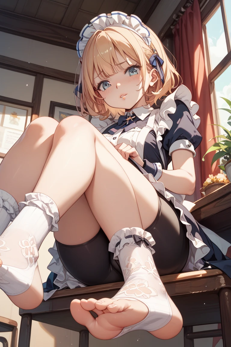 A girl with blonde curly short hair and a pink dress with sleeves in her neck a small white bow and has a little red bow on her hair has white leggings and black Mary Jane shoes and blue eyes.