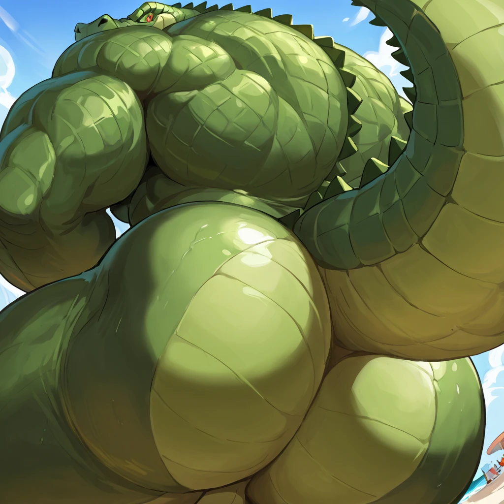 Overly muscular Alligator, masculine face, perverted expression, prominent veins, huge ass, huge chest (huge: 2.5), muscular thighs, thin waist, full body, bare back, naked, nicebulge, bodybuilder, holding his huge penis(cum spurting), Hot pose in front angle, white background.