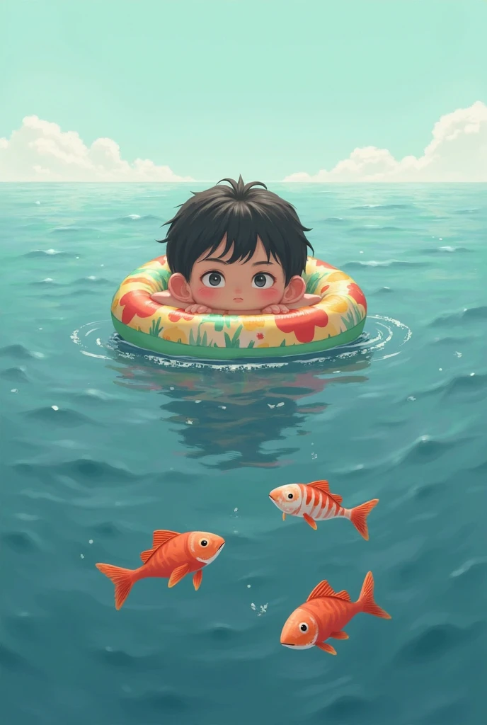 A boy swims at the bottom of the sea,Sit on the fish