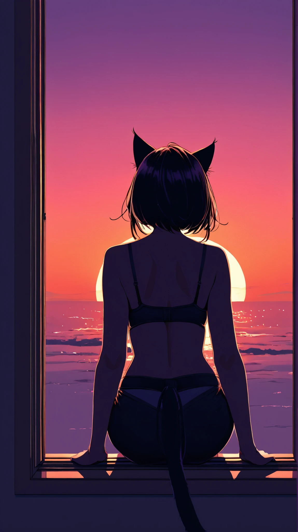 Back view of a cat watching the sunset Seaside romantic Retro There are no people