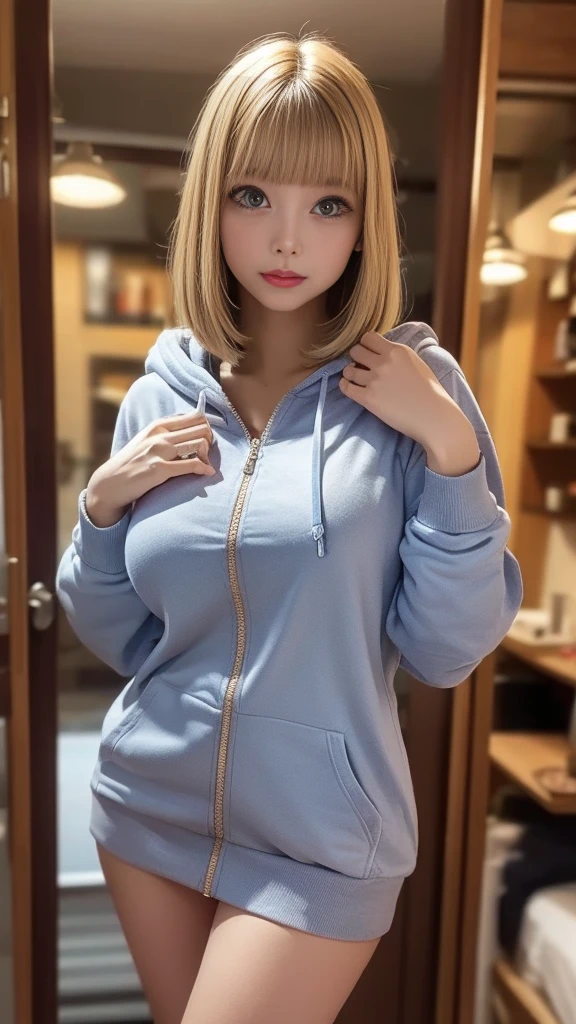 (((expose 1 breast))), (expose lower breasts)), ((lower boobs)), NSFW, temptation smile, (8k, best quality, masterpiece:1.2), (realistic, photo-realistic:1.37), ultra-detailed, 1 girl, cute, solo, beautiful detailed sky, detailed cafe, night, sitting, dating, (nose blush), (smile:1.15), (closed mouth) beautiful detailed eyes, night, wet, see through, business attire, rain, white lace, (short hair:1.2), floating hair NovaFrogStyle, cleavage, braless, very thin cloth,, extremely tight cloth, grey hair, zip((((light blue up hoody )))), necklaces, grab breasts