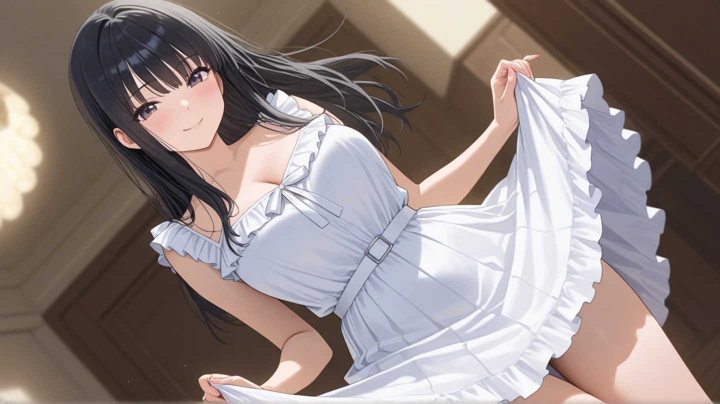 Clothing prompt (1girl:1.3), Masterpiece, Best quality, amazing beauty, 4K, absurdres, finely detail, super detailed eye, perfect anatomy, official art, cinematic lighting, BREAK, black hair, super shiny detailed black eye, facing this way, Rejoicing, BREAK , usually, Are standing, hand on chest, from front, BREAK , (private clothes:1.2), (Maid outfit costume:1.2), BREAK,()