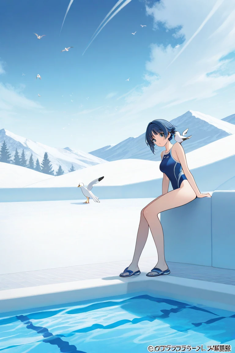 (a girl:1.1,athlete:1.1)(roller skating:1.1)(dynamic pose:1.1),swimsuit with a skirt,blue eyes,long eyelashes,beautiful detailed lips,a vibrant ice rink as the background,professional lighting,highres,realistic,frozen winter scene,vivid colors. Black short hair