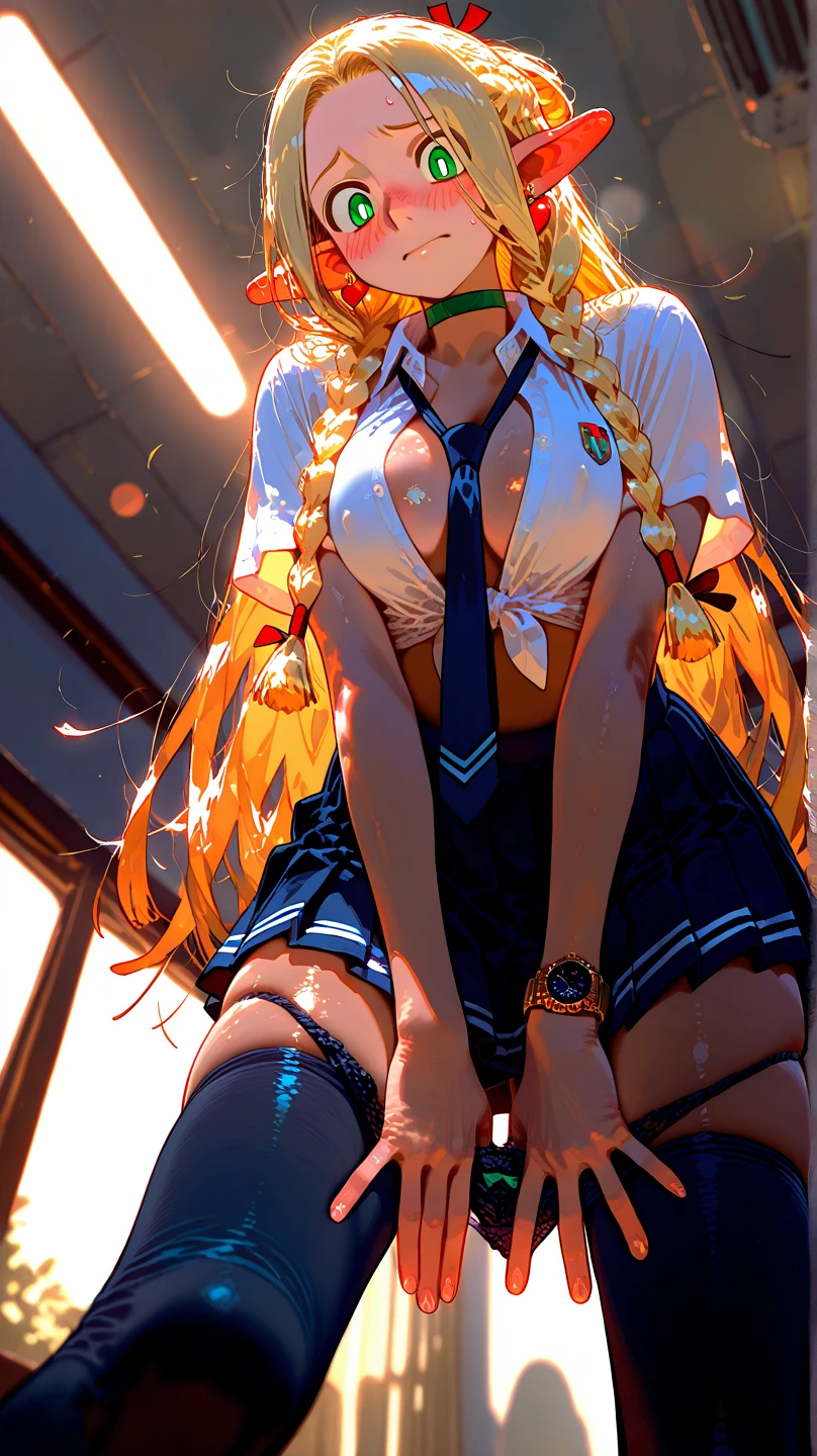 ((masterpiece)), ((best quality)), ((anime profile style)), ((HD 4k)), ((female character)), ((high school girl)), ((beautiful body)) , girl, female face, happy, ((flushed)), (mouth mask), ((tan skin)), brunette, ((eyes)), Eyelid, Pupil, Sclera, Iris, eyebrow, eyelashes, ear, nose , ((hair)), ((long blonde hair)), ((lights effect on hair)), uniform, tie, skirt, tights, ((lights effect on clothes)), ((lights effect on body)), neck, shoulders, (thin waist), ((perfect belly)), arms, ((thick legs)), ((big thigh)), background, ((at school)), details in the environment , surrounding objects, ((lighting)), viewer's view