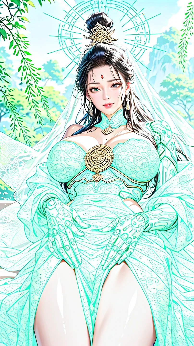 nsfw, ((masterpiece:1.2, best quality)), 1 lady, solo, priest white robe, side slit, cameltoe, covered nipples, (Art Nouveau:1.4), Alphonse Mucha, upper body,