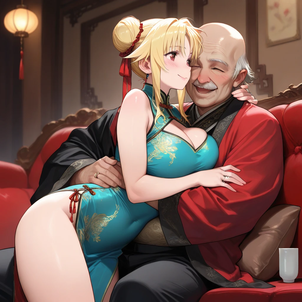 ((Highest quality)), ((masterpiece)), (detailed), （Perfect Face）、The woman is a Mongolian woman named Tsukino Usagi, and is wearing a gorgeous and colorful Mongolian national dress called Dale in a Mongolian mansion, with gorgeous jeweled accessories and an engagement ring. The woman and the man are sitting on a gorgeous, large sofa in the luxurious room, and the woman is being embraced by a dignified, bearded, middle-aged Mongolian man wearing a Mongolian national dress, who is touching her breasts and groin and kissing her.、The woman is the elegant Tsukino Usagi, with her long blonde hair in a chignon twin tail, and wearing the colorful Mongolian national costume, the Mongolian Tsukino Usagi.、The man is a dignified, sturdy, bearded Mongolian man wearing Mongolian national dress.