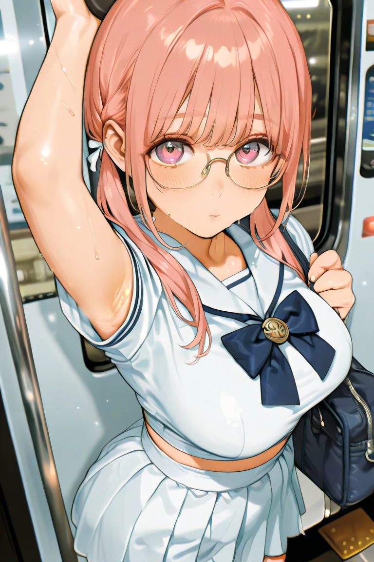 highest quality、High resolution、detailed background、Black square glasses、cute10代の美少女、(huge breasts:1.1)、perfect body line、Well-defined model body、braided ponytail、black floral embroidery panties、No bra、My clothes are wet and transparent、I can see the nipples、blush、I'embarrassingです、embarrassing、cowboy shot、
cuteセーラー服、white sailor collar、cute school cardigan、Pleated mini skirt with tartan plaid pattern、black knee high socks、pink overknee socks、Inside a crowded train、cute