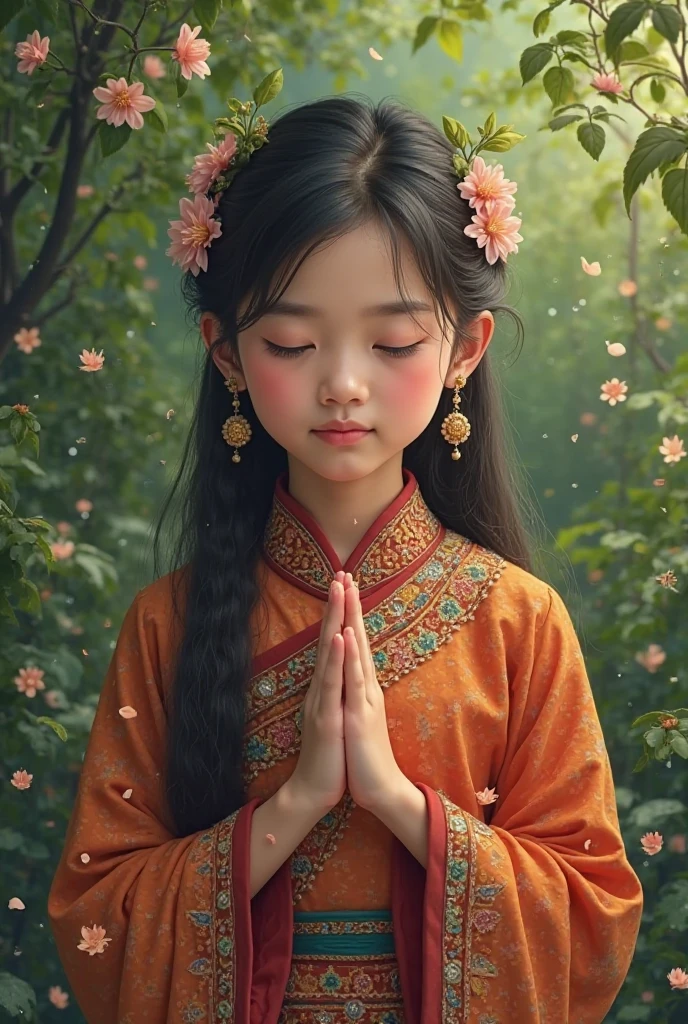 arafed asian girl in a pink and orange dress with a pink flower on her forehead, chinese girl, adorable digital painting, young asian girl, closeup portrait shot, palace , a girl in hanfu, detailed face of a asian girl, asian girl, chinese princess, by Yu Zhiding, portrait of a japanese girl, peaceful expression, beautiful pink little girl