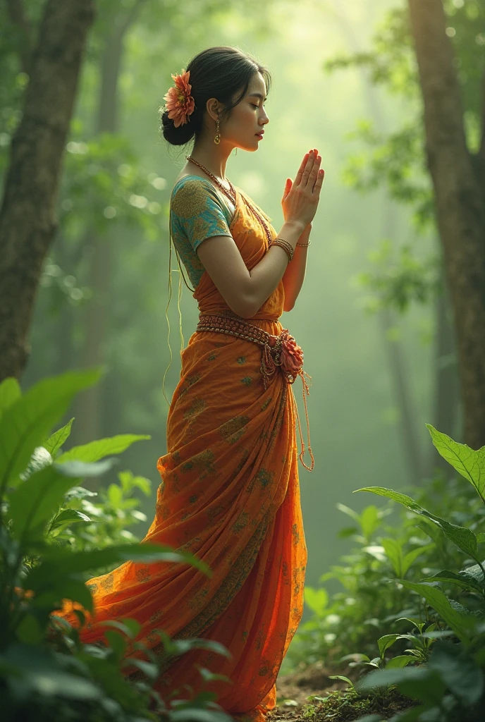 Make a picture beautiful girl who wearing beautiful saree and she is standing and she doing prayer for God more realistic photo