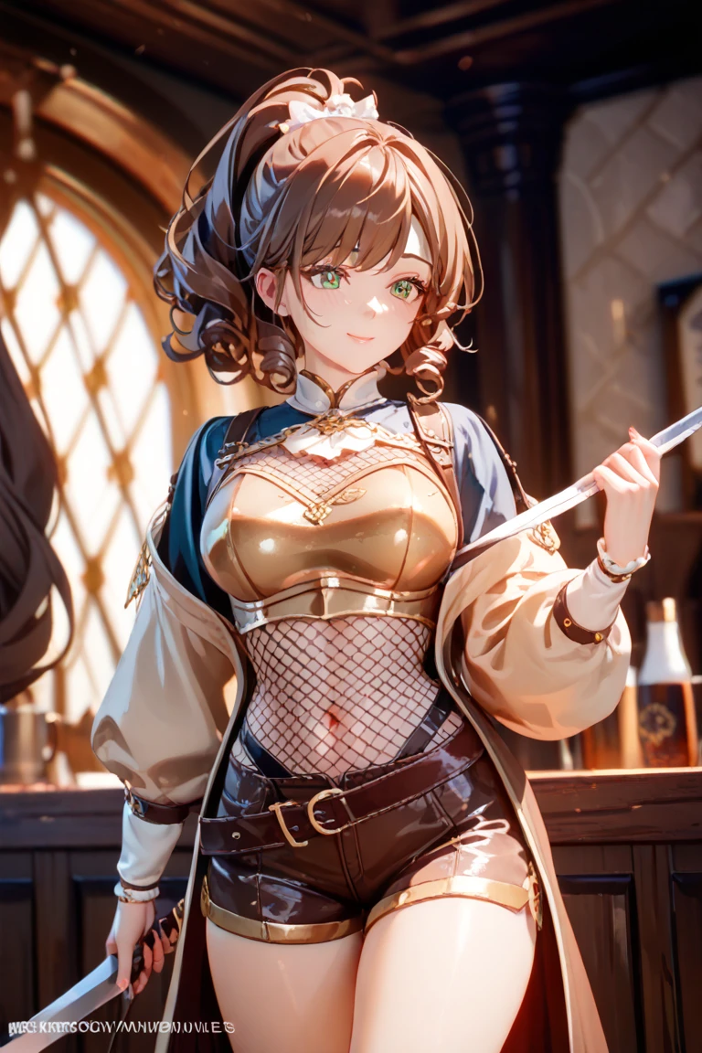 (fantasy:1.5),(8k,masterpiece, top quality, best quality,beautiful and aesthetic:1.2,professional illustrasion:1.1,ultra detail:1.3,perfect lighting),extremely detailed,highest detailed,incredibly absurdres , highres, ultra detailed,intricate:1.6,(Alchemy Workshop:1.4),A girl mixing,Medicine in many small bottles,holding small potion,colorful:1.4,zentangle,(a girl 26yo old),(cute girl),pointed chest:1.3,(double breasted:1.2,under bust:1.2), Amazing Cleavage:1.3, thin waist, big ass, Raised sexy, big breast: 1.2 posed cleavage:1.2,(female alchemy),(highly detailed beautiful face and eyes,firm breasts),oily skin,((bronde hair, long pony tail hair)),thin pubic hair,cute,lovely,beautifuk alchemist costume,smile,in the kitchen,smile,seductive weak smiling,(with sparkling eyes and a contagious smile),open mouth, Looking at Viewer,