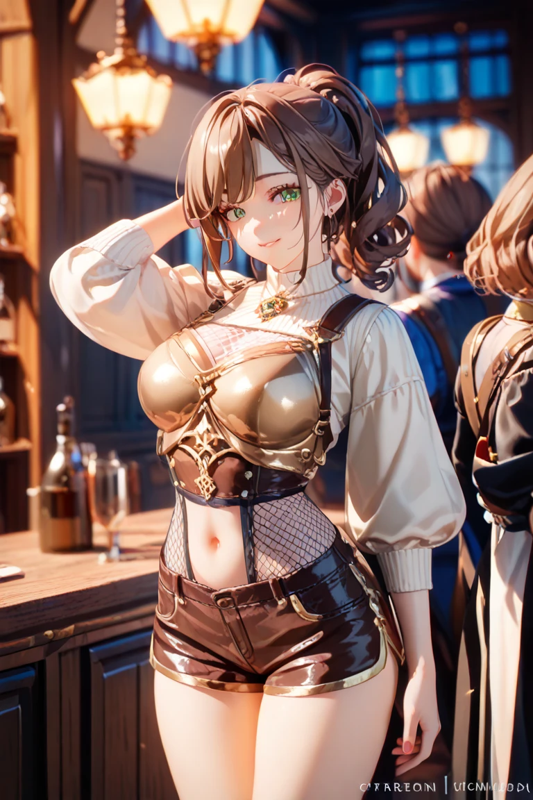 "((short steampunk corse)),((Mexicana peliroja, white skin)),((Twintail)),(1solo),(1 girl view),full_body, 1 girl view,female, young, 15 years old, 70% nude, (long hair), ((red-light brown hair)), snowflakesdetailed cute anime face, ((pointy_ears, seductive pose, flirty with one eye closed)), (((big_breasts, firm breasts))), (green-brown ligth eyes), random angle)":(all realistic intricate details)