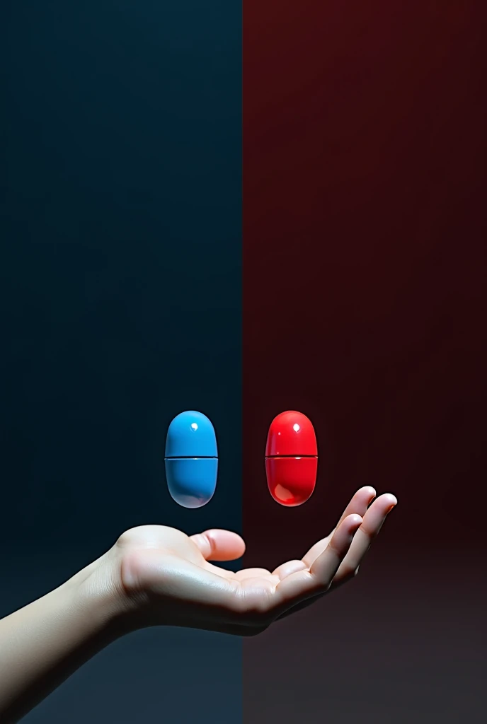two hands, one holding a red pill and the other holding a blue pill